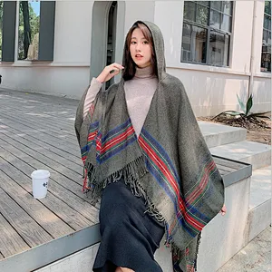 Ethnic Style Tassel Poncho Shawl Female Cloak Thickened Warm Travel Scarf With Hood