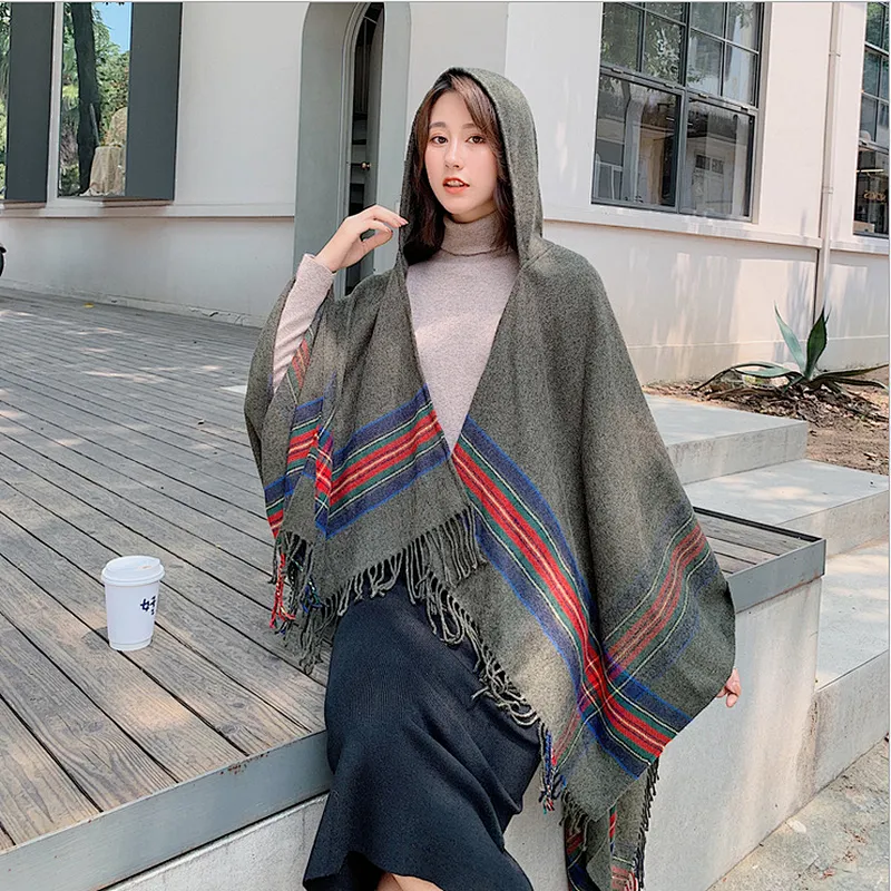 Ethnic Style Tassel Poncho Shawl Female Cloak Thickened Warm Travel Scarf With Hood