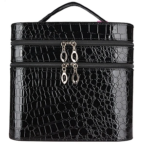 Large Capacity Double Layer Portable Travel Crocodile Pattern Beauty Makeup Cosmetic Case