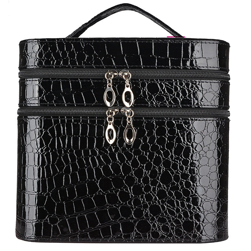 Large Capacity Double Layer Portable Travel Crocodile Pattern Beauty Makeup Cosmetic Case