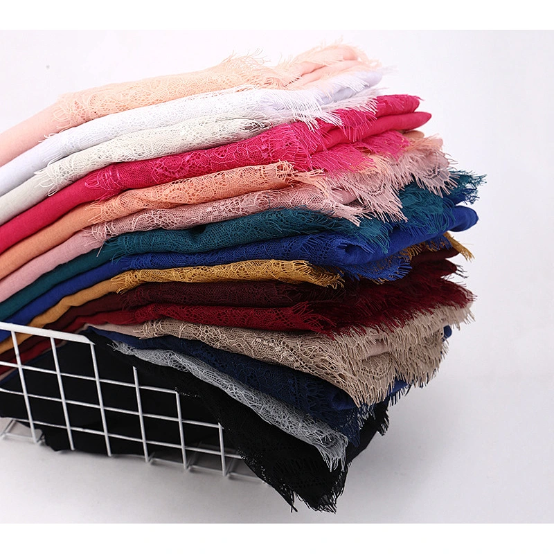 Cheap  Wholesale Monochrome Cotton Linen Lace Hijab Muslim Stitching Scarf