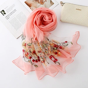 New solid color artificial silk morning glory embroidery sunscreen scarf female fashion wild floral embroidery scarf