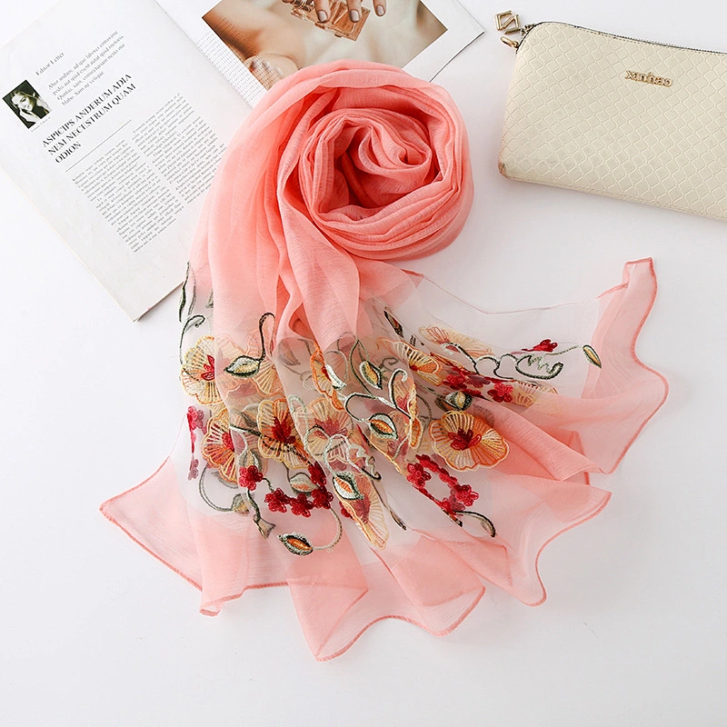 New solid color artificial silk morning glory embroidery sunscreen scarf female fashion wild floral embroidery scarf