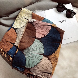 Cotton And Linen Feel Fashionable Retro Ginkgo Printing Fringed Scarf Long Scarf Shawl