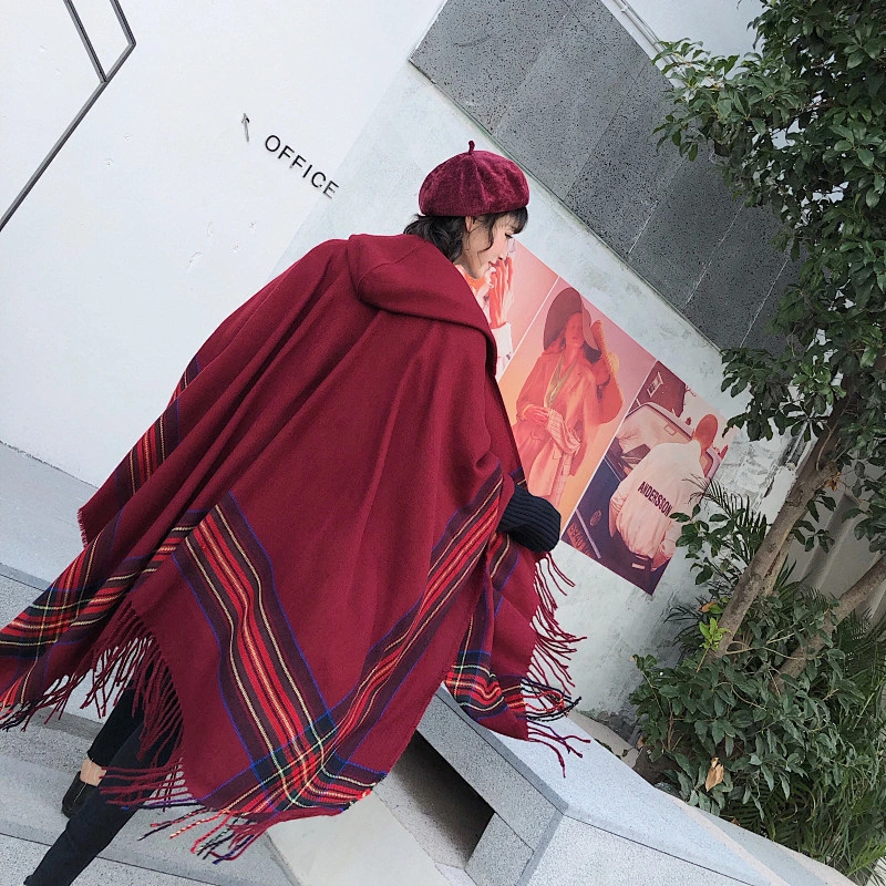 Ethnic Style Tassel Poncho Shawl Female Cloak Thickened Warm Travel Scarf With Hood