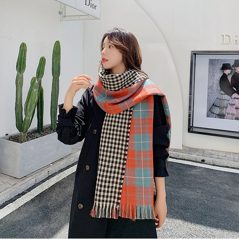 Autumn Winter New Thick Warm Double-Sided Fine Lattice Scarf Cashmere Women Printed Fringed Grid Scarf
