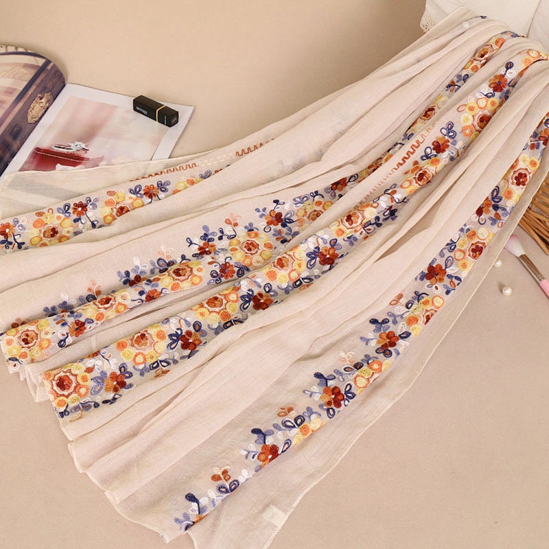 The new dual-use cotton female shawl promotional muslim embroidered flower long scarf