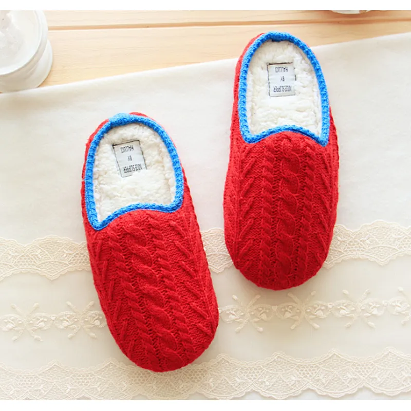 Winter Warm Twist Color Contrast Knitted Couple Home Slippers Knitted Jacquard Indoor Home Slippers