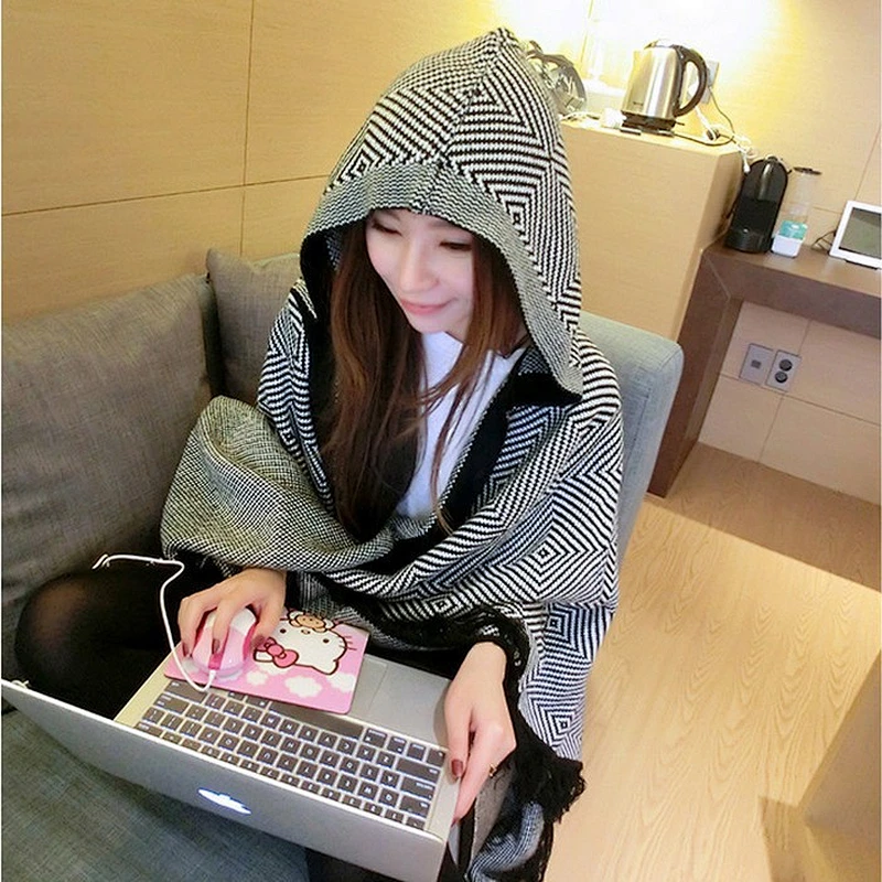 Ladies Shawls Autumn Winter New Cashmere Scarf Korean Style Wild Hooded Cloak Thick Coat Shawl