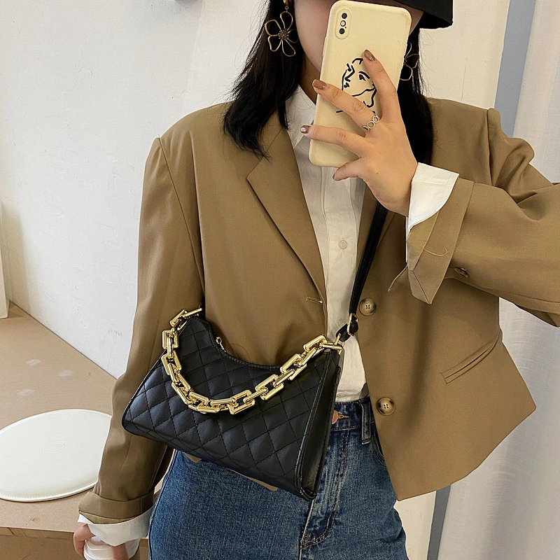 Lattice Embroidered Popular Style Elegant Chain PU Leather Bag For Girls