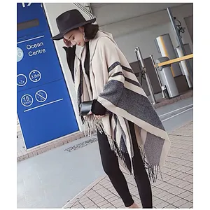 2021 Wholesale Autumn Winter Ladies Cape Shawl With Hood Warm Tassel Scarf Shawl Dual-Use Thick Shawl