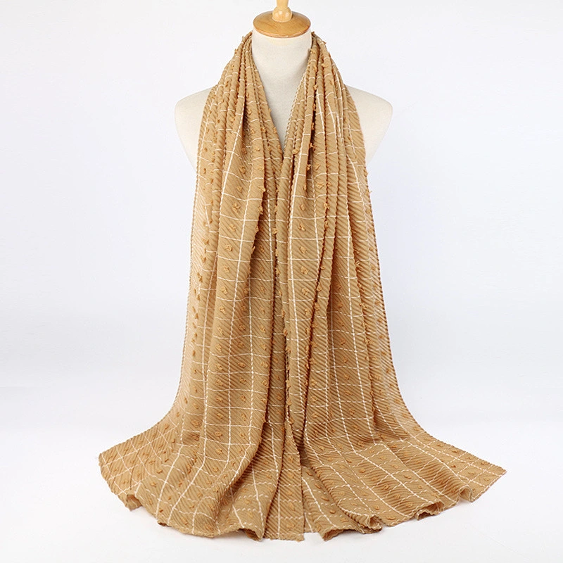 Hot-Selling Cotton Pure Color Plaid Wool Ball Scarf, Urban Style Shawl Women'S Casual Wrinkled Headscarf