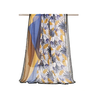 Leaf print scarves ladies long tassel ethnic style low price polyester silk scarf printed shawl for women
