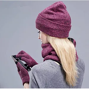 Unisex Knitted Warm Ski Winter Slouchy Outdoor Sports Acrylic Beanie Touch Screen Cap Scarf Hat Glove Sets