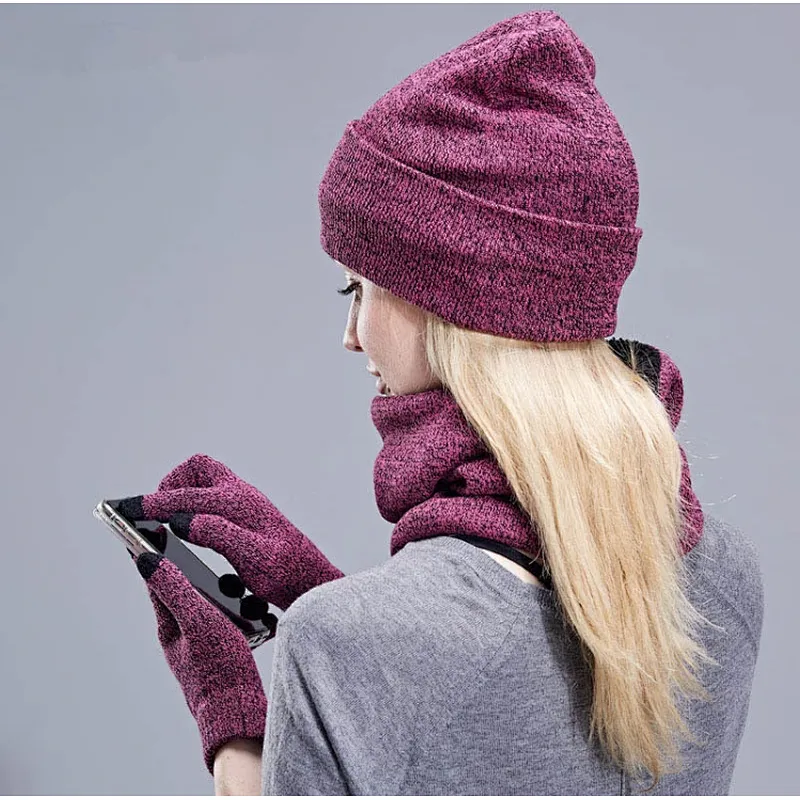 Unisex Knitted Warm Ski Winter Slouchy Outdoor Sports Acrylic Beanie Touch Screen Cap Scarf Hat Glove Sets