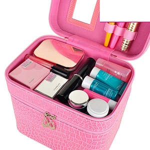 Large Capacity Double Layer Portable Travel Crocodile Pattern Beauty Makeup Cosmetic Case