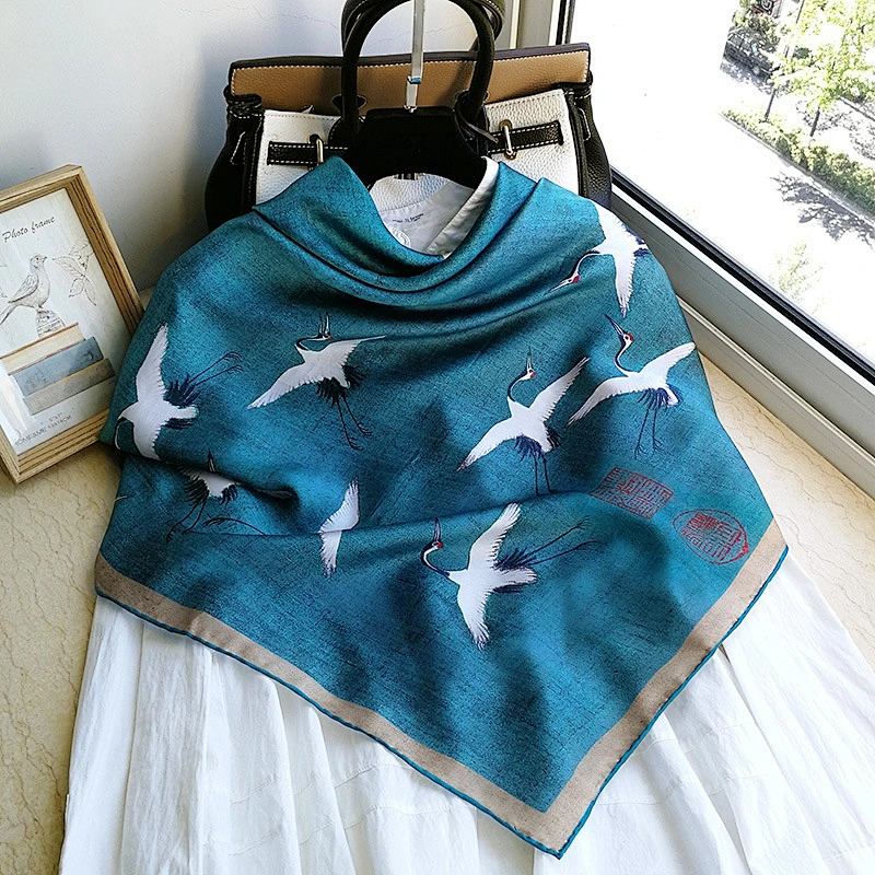 Ancient Calligraphy Painting Style Silk Scarf For Ladies Lightweight Square Silk Head Scarf