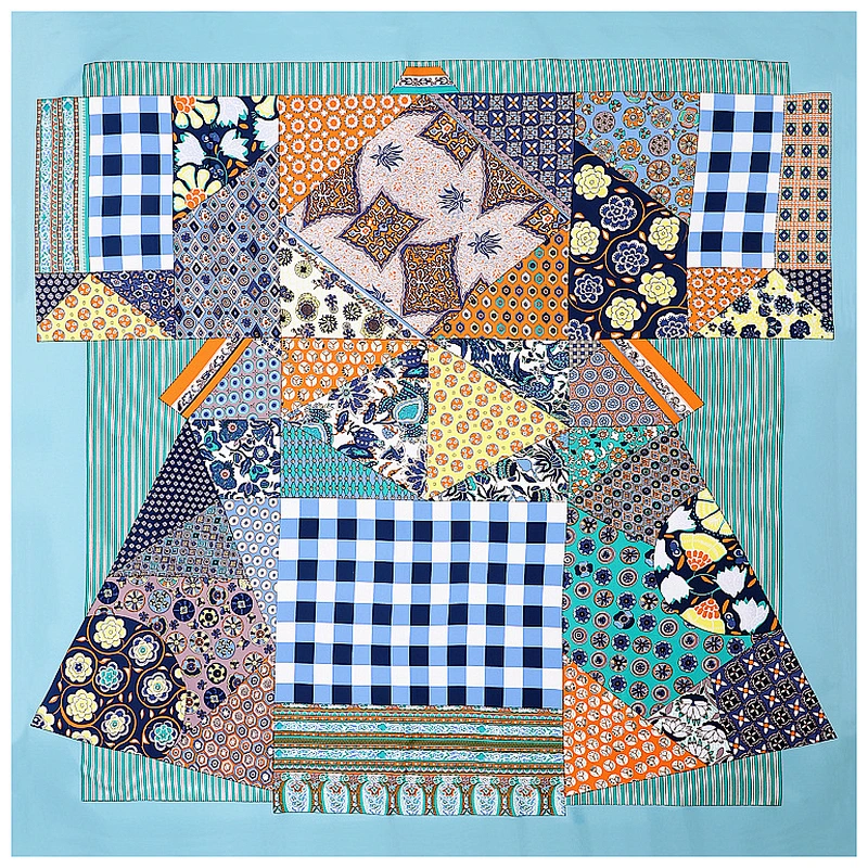 Colorblock printing imitated sunscreen shawl scarfsunscreen shawl scarf silk plaid summer square silk scarf