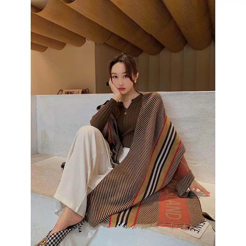 Brand Scarf Double-Sided Letter Tassel Scarf European American Style Winter Warmth Long Shawl Dual-Use Scarf
