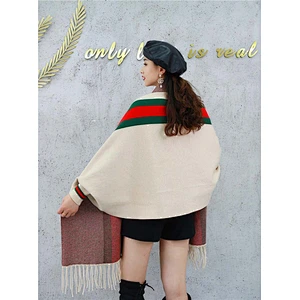 Western Style Ladies Double Side Warm Tassels Fringe Vertical Stripe Long Cashmere Poncho Shawl