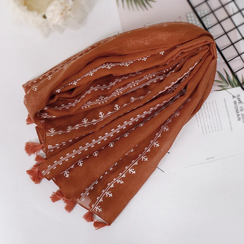 Muslim female sunscreen scarf plain weave tassel cotton printed jacquard scarf