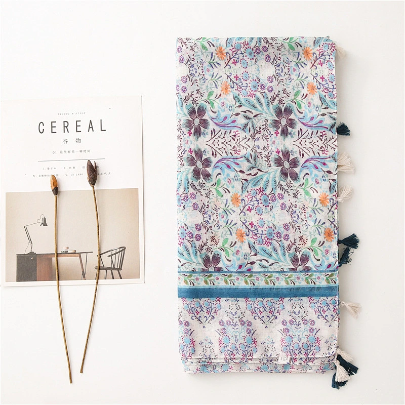 2020 Original Gauze Sunscreen Shawl Small Fresh Plant Flower Printing Cotton And Linen Feel Fringed Scarf