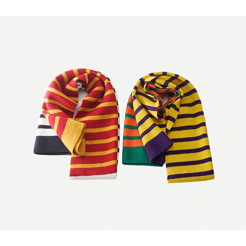 Nordic Style Lengthened Contrast Striped Wool Scarf Female Winter Student Warm Knitted Scarf