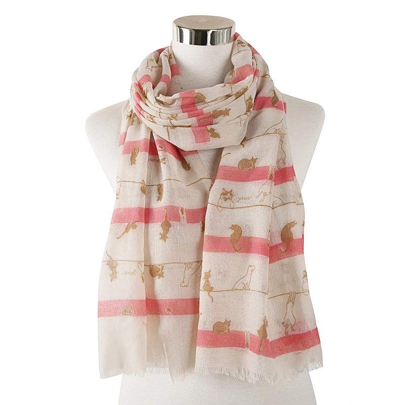 New Fresh Style Japanese Korean Striped Cat Animal Polyester Scarf Large Size Travel Sunscreen Shawl