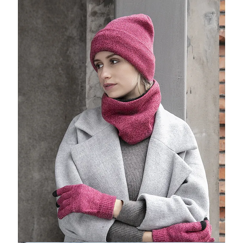 Unisex Knitted Warm Ski Winter Slouchy Outdoor Sports Acrylic Beanie Touch Screen Cap Scarf Hat Glove Sets