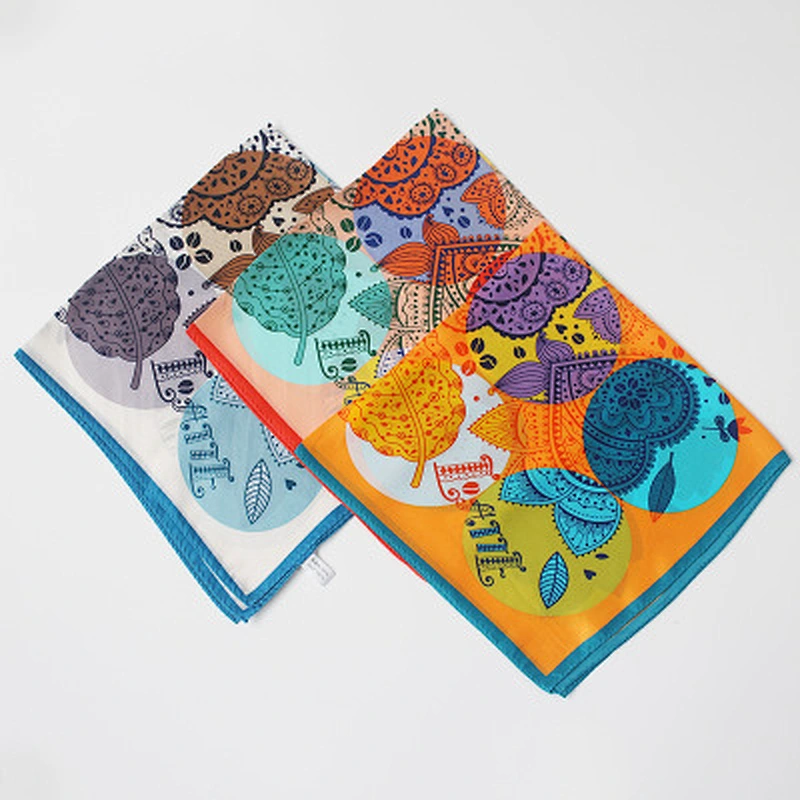 Spring and summer new fashion casual leaf circular print contrast pattern satin silk square scarf