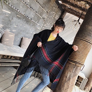 Ethnic Style Tassel Poncho Shawl Female Cloak Thickened Warm Travel Scarf With Hood