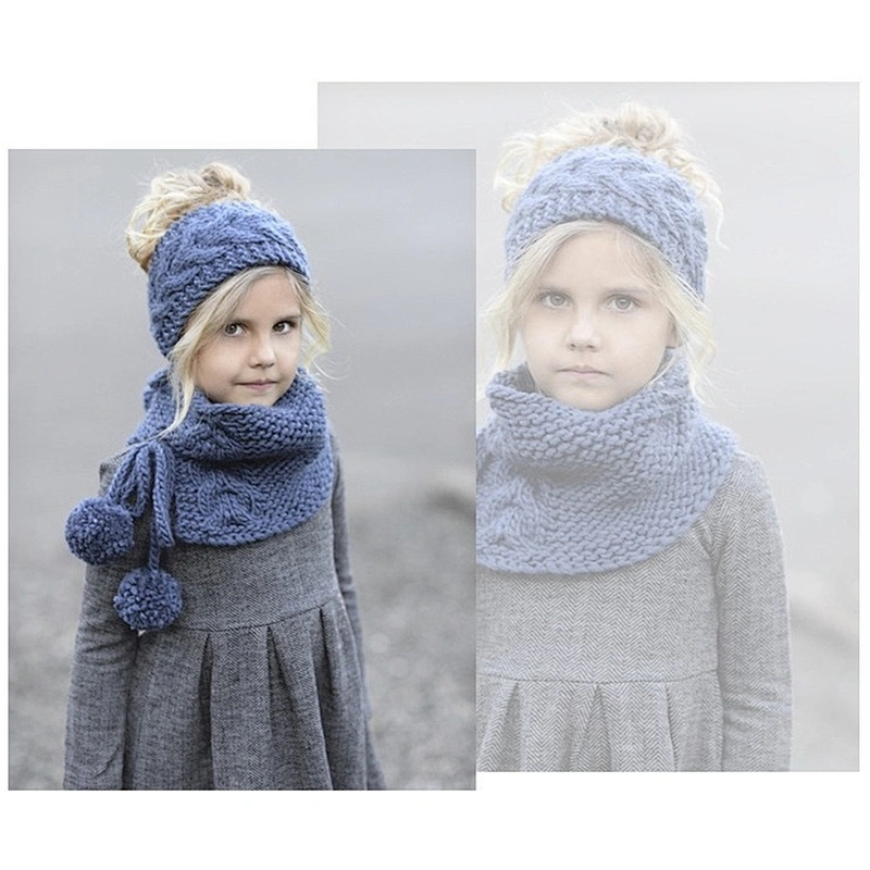 2020 New Kids Hat Suit Autumn Winter Warm Knitted Hat Cute Female Baby Hat Neck Scarf Two-Piece Set With Pom Pom