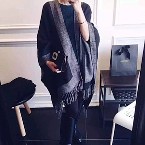 Western Hot Style Shawl Retro Black And Gray Color Matching Cashmere Thickened Double-Sided Split Scarf Cloak