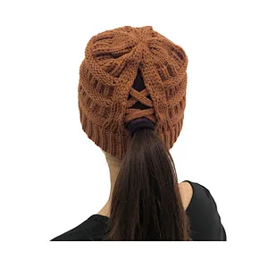 Hot Sale Autumn  Winter Pure Color Wool Hat Low Ponytail Back Hollow Split Knit Hat