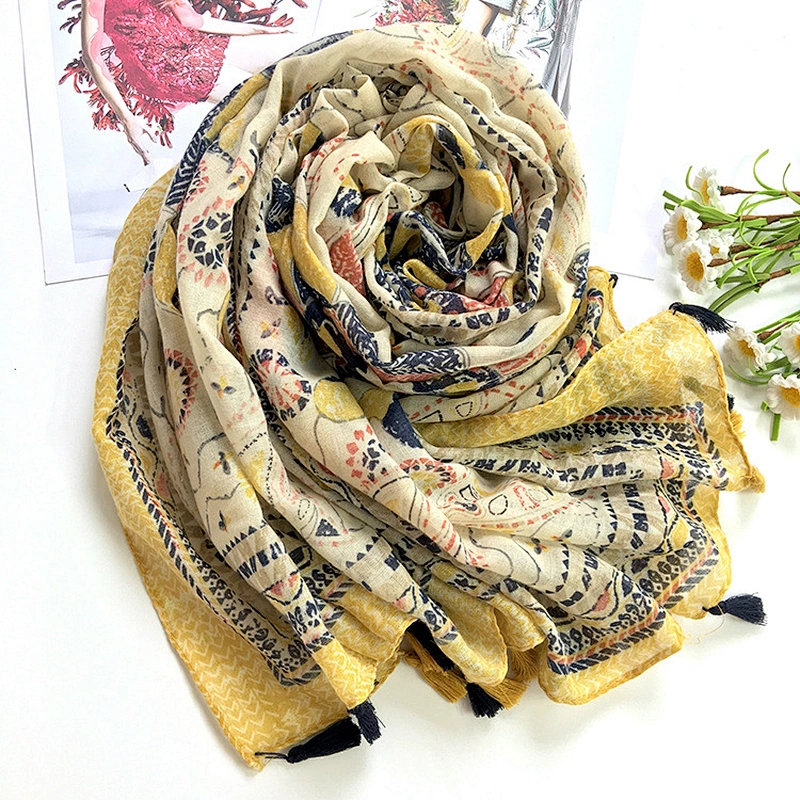 Dark Ginger Yellow Tassel Ethnic Style Seaside Beach Travel Photo Thin Sunscreen Dual-Use Scarf Shawl