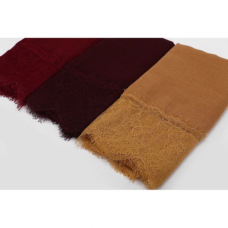 Cheap  Wholesale Monochrome Cotton Linen Lace Hijab Muslim Stitching Scarf