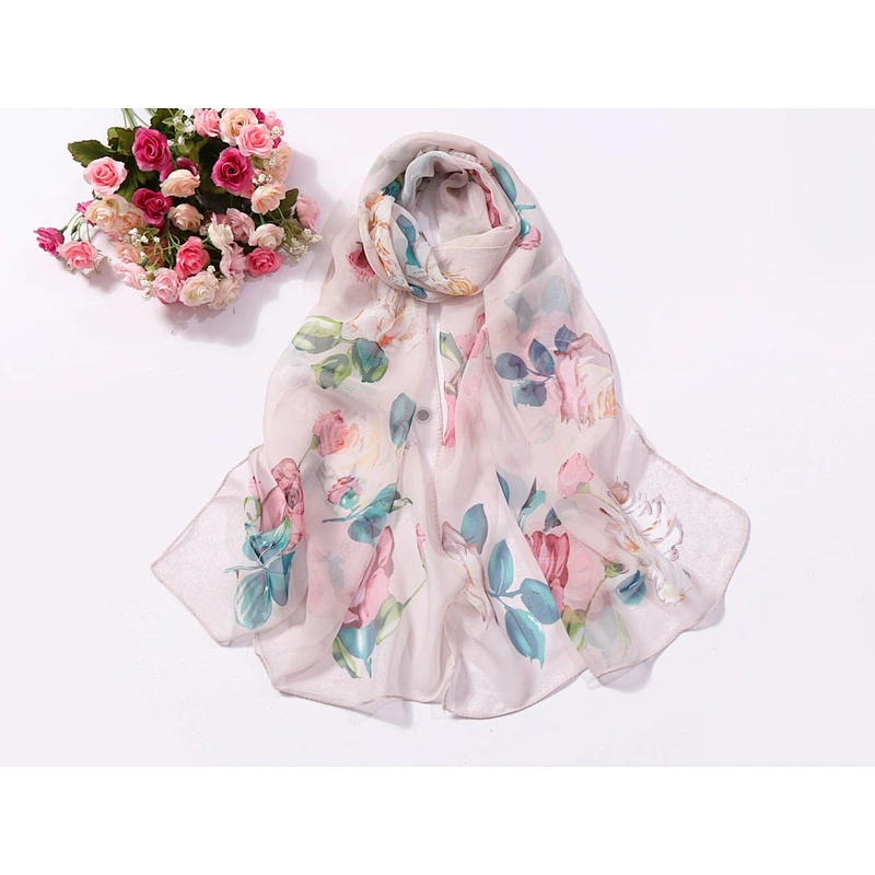 Summer sunscreen georgette scarf seaside beach towel wholesale long ladies rose printed scarf thin scarf