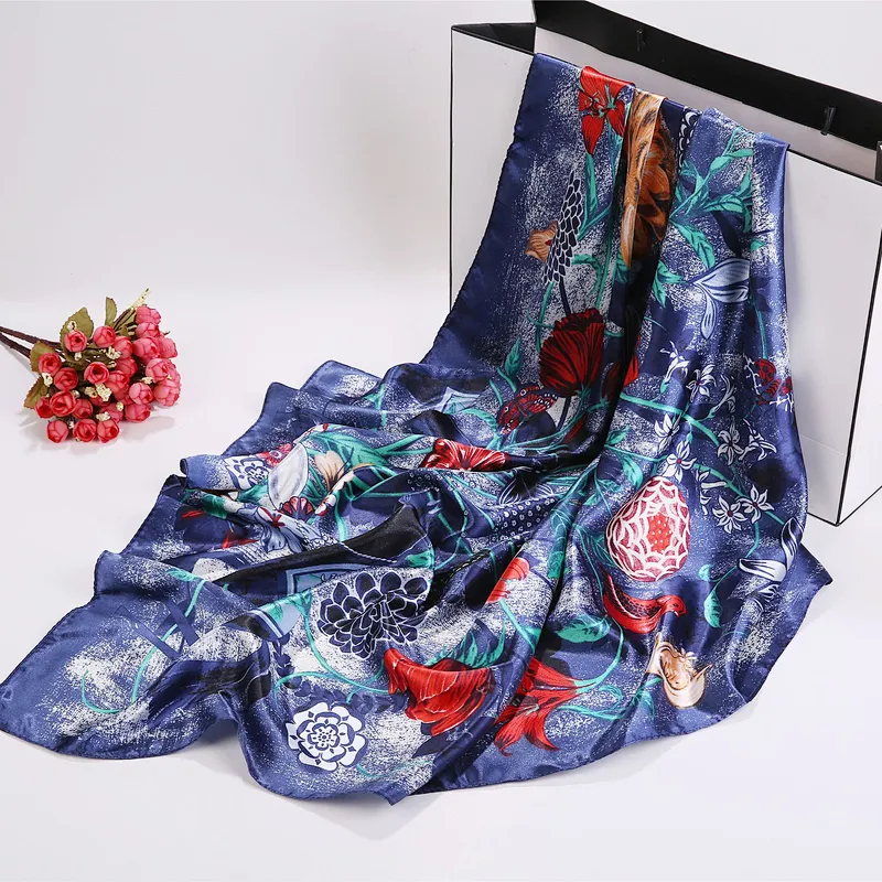 Spot wholesale new simulation silk scarf female 90 satin mother's day scarf floral printing square scarf
