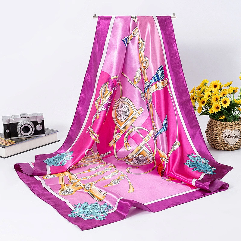 Crown print simulation silk large sunscreen scarf wild ladies 90x90 satin silk square scarf