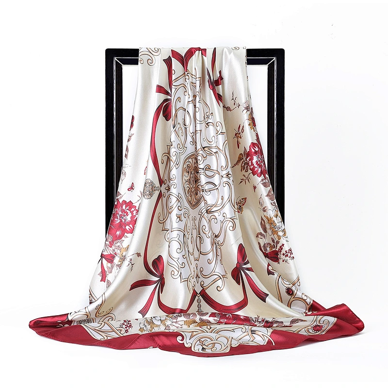 90CM square scarf fashion small bow flower printed simulation silk scarf female headscarf