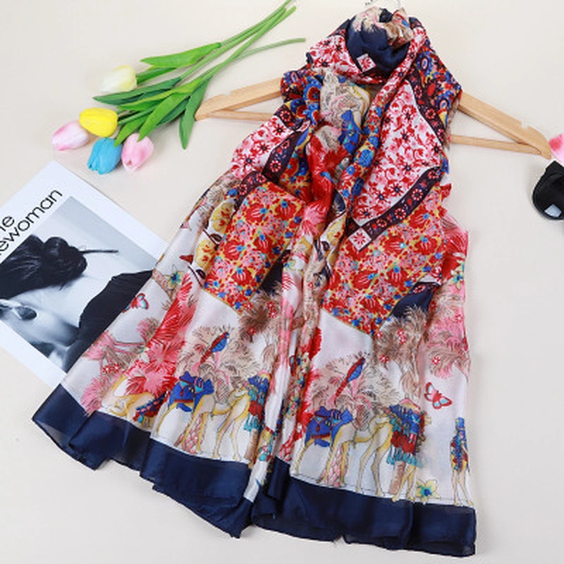 Spring and summer new ladies color contrast camel retro design printed silk sunscreen shawl scarf