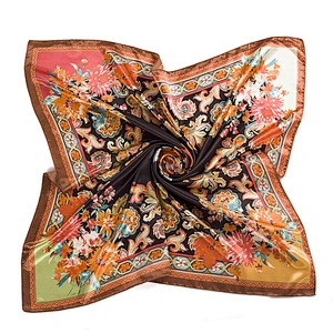 Fashion Female Scarf Cashew Flower Printed Satin Square Scarf Handkerchief 90cm Square Scarf