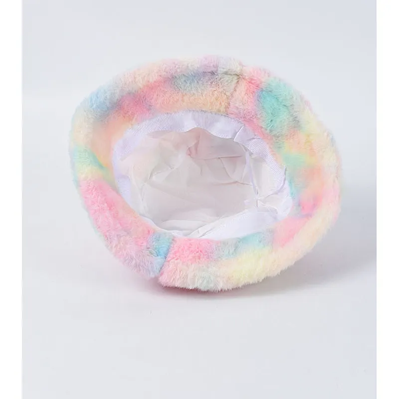 2020 Bucket Hat Rainbow Color Stylish Tie-Dyed Warm Furry Bucket Hats Colorful Fur Hat