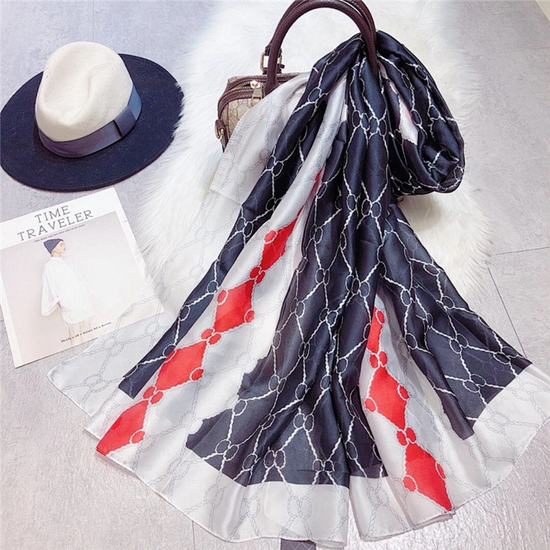 Wholesale New Design Fashion Digital Printed Woman Silk Scarf Geometric Silk Oversized Travel Decoration Shawl