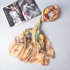 Spring and summer new female simulation silk oil painting printed elegant silk scarf beach towel shawl