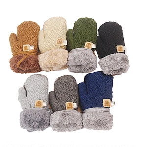 Winter Children'S Gloves Knitted Warm Velvet Thicken Gloves Baby Cute Bear Mittens Finger Lanyard Gloves