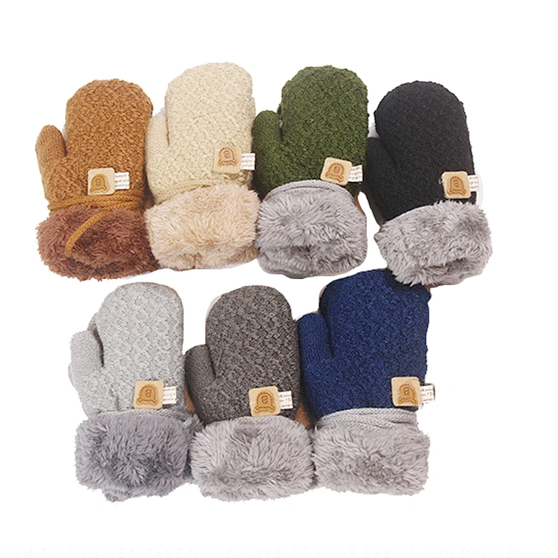Winter Children'S Gloves Knitted Warm Velvet Thicken Gloves Baby Cute Bear Mittens Finger Lanyard Gloves