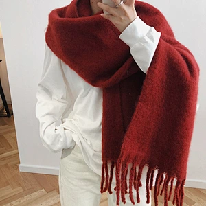 Solid Color Comfortable Mohair Padded Scarf Women Keep Warm Winter Double-Sided Long Shawl With Tassel