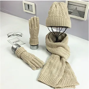 New Winter Knit Hat New Cable Warm  Soft Wool Hat Scarf  Gloves 3 Pieces Set