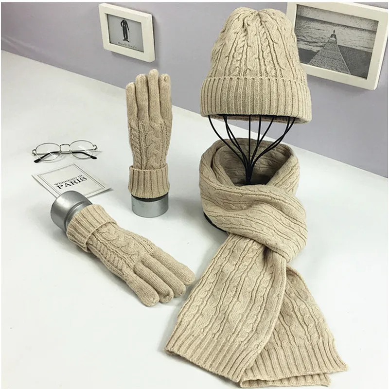 New Winter Knit Hat New Cable Warm  Soft Wool Hat Scarf  Gloves 3 Pieces Set